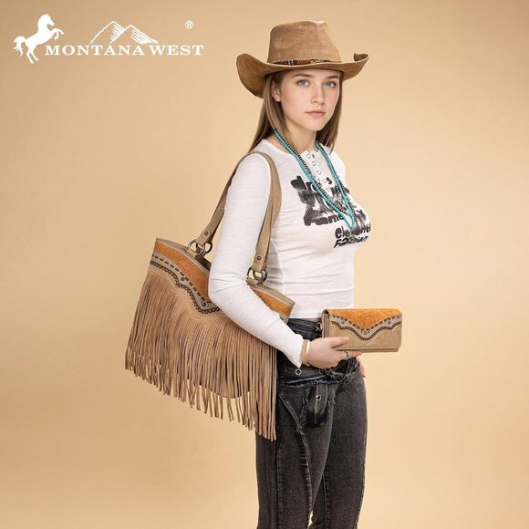 Elegant Tan Vegan Leather Western Tote Bag & Wallet Set with Fringe Detail - Picture 6 of 6